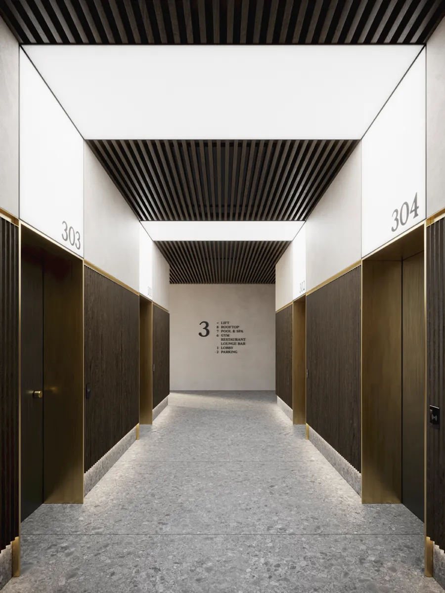 Coridor de hotel cu tavan luminos și lamele Dresswall