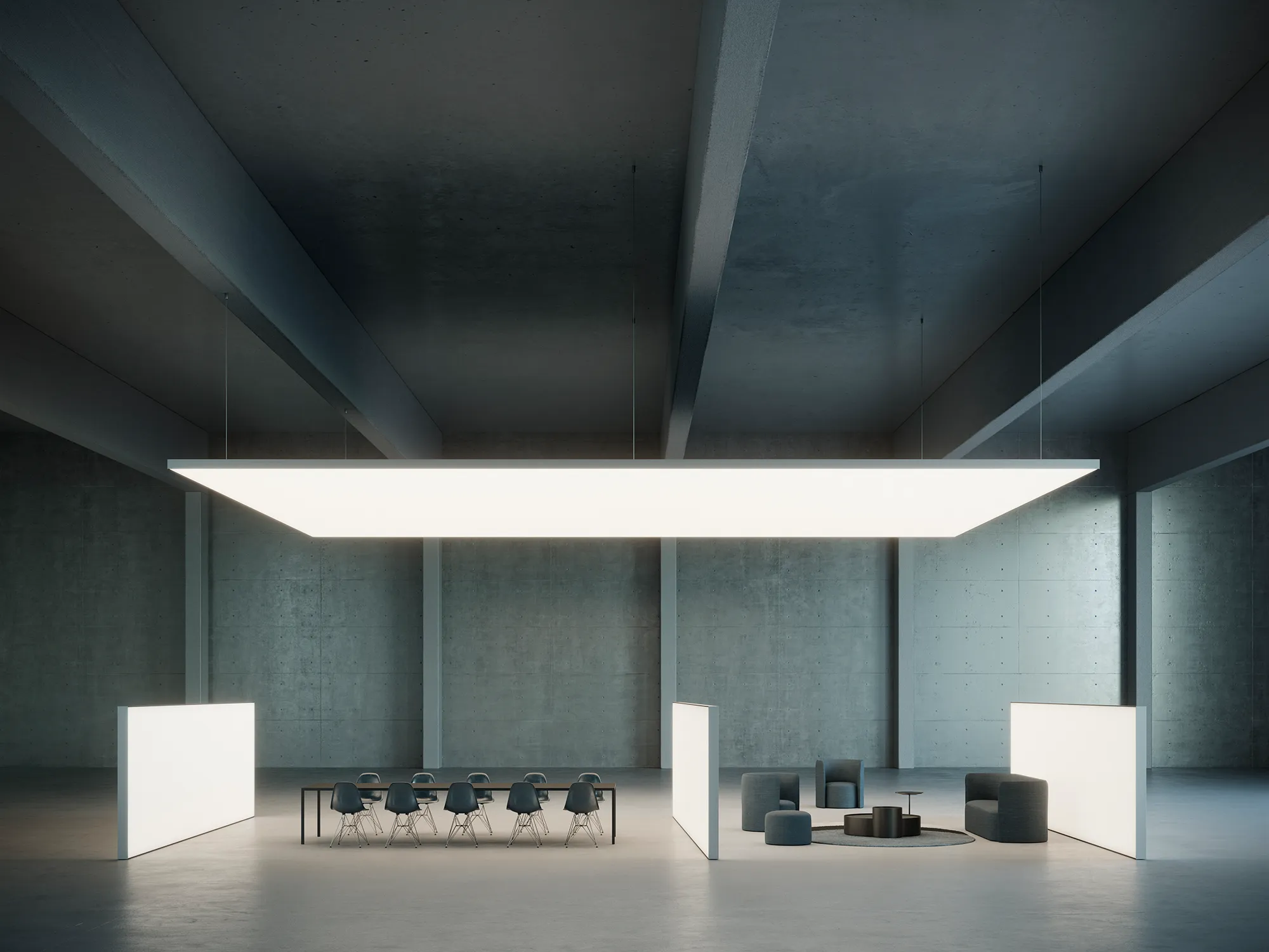 Tavan luminos Dresswall Lights, suprafață continuă suspendată într-un spațiu amplu de beton