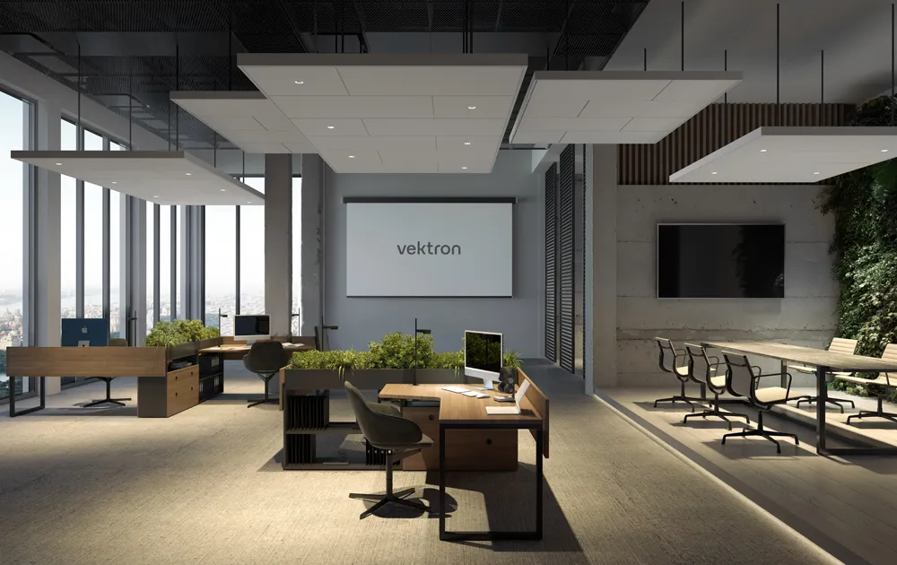 Insule acustice vektron ceiling rafts suspendate deasupra unui open space